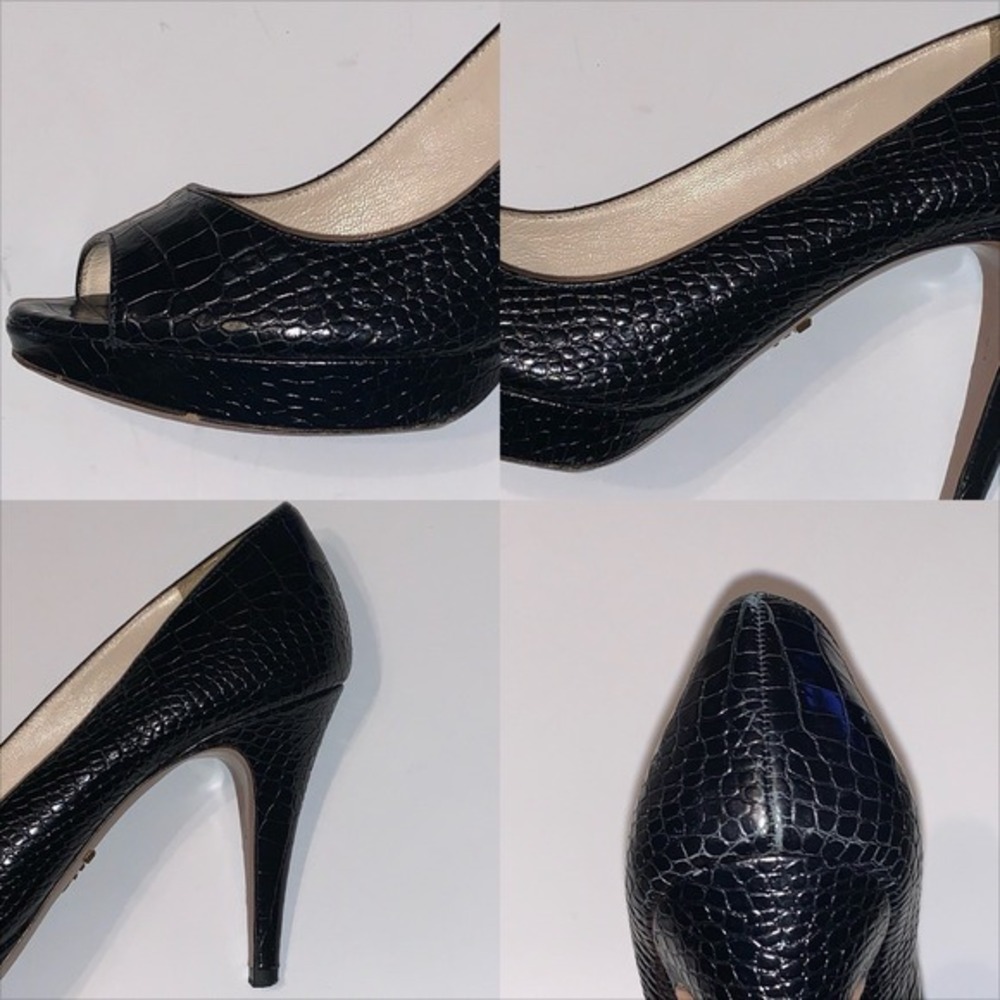 Vtg Prada Sz 36.5 Black Crocodile Embossed Leather Peep Toe Platform Pumps Heels - Picture 12 of 16